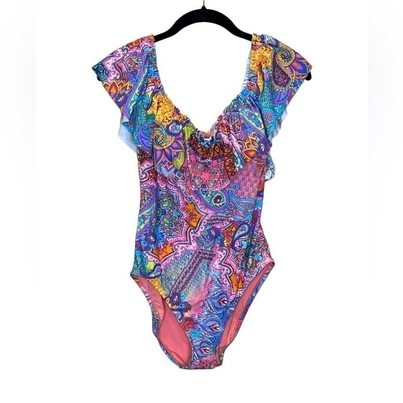BLUE ROD BEATTIE Multicolor Paisley Ruffle Off the Shoulder One Piece Swimsuit - Picture 1 of 6